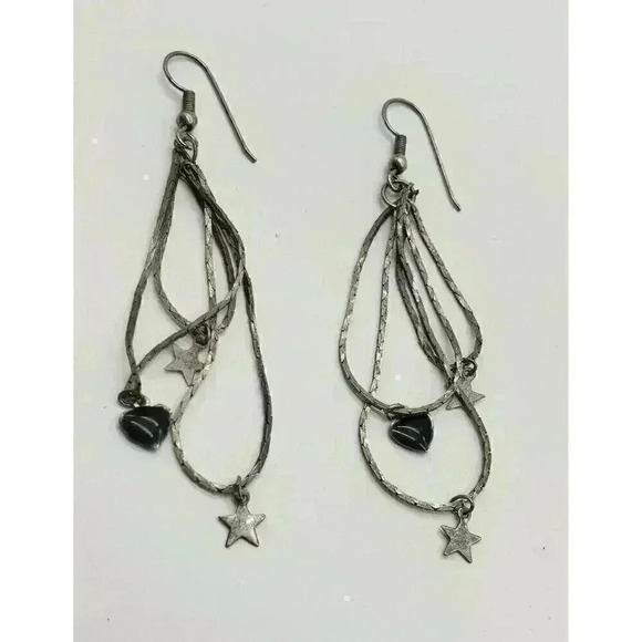 Vintage Silver Earrings Long Herringbone Chains Star Moon Charms 80s Dangle - Picture 5 of 9